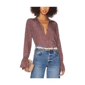 Paige 'Abriana' Brown Satin Jacquard Button Blouse Top Size S